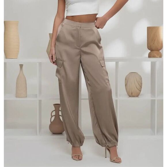 Taupe satin cargo joggers - Picture 1 of 12